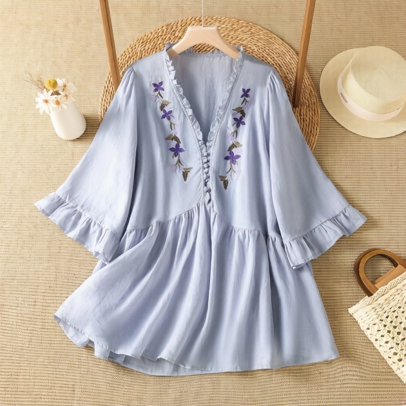 Embroidery Shirt - Elegant Purple Floral Embroidery Cotton Linen