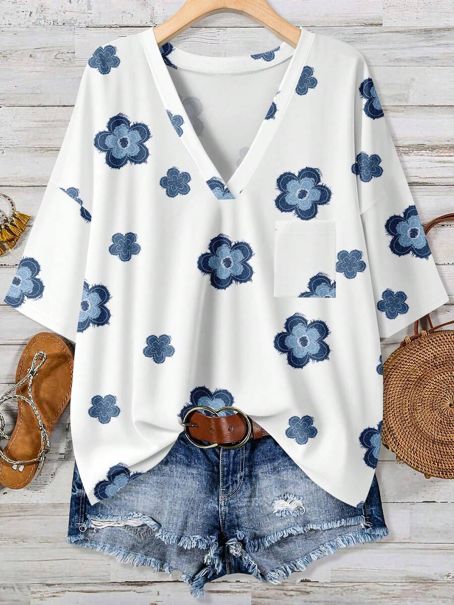 Floral Print Plus Size V-Neck  - Embroidery Shirt บทวิจารณ์และราคา