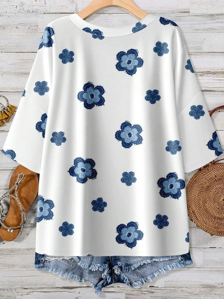 Floral Print Plus Size V-Neck  - Embroidery Shirt บทวิจารณ์และราคา
