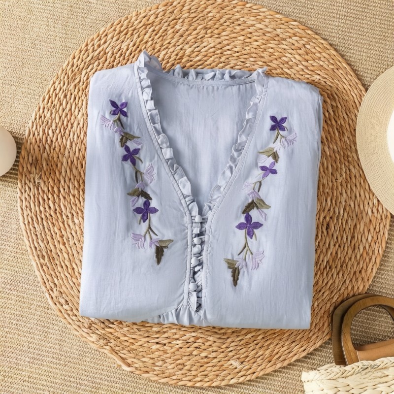 Elegant Purple Floral Embroide - Embroidery Shirt บทวิจารณ์และราคา