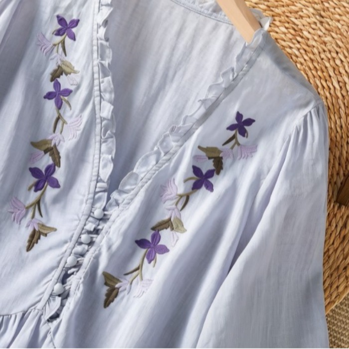Elegant Purple Floral Embroide - Embroidery Shirt บทวิจารณ์และราคา