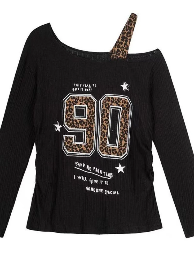 Y2K Patchwork Leopard Print T- - Embroidery Shirt บทวิจารณ์และราคา