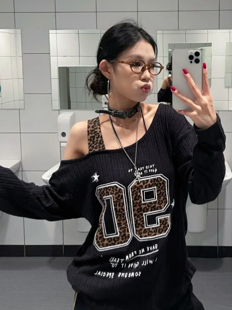 Y2K Patchwork Leopard Print T- - Embroidery Shirt บทวิจารณ์และราคา