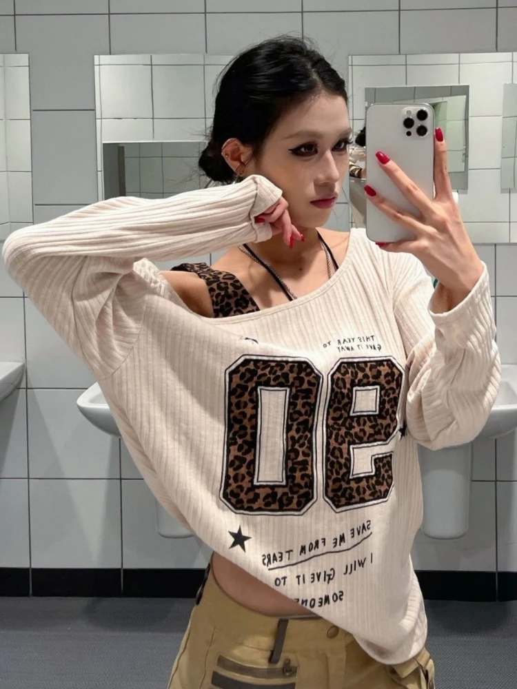 Y2K Patchwork Leopard Print T- - Embroidery Shirt บทวิจารณ์และราคา