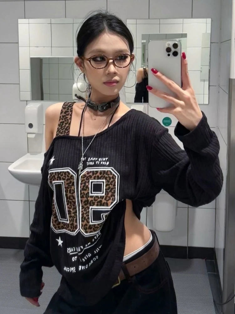 Y2K Patchwork Leopard Print T- - Embroidery Shirt บทวิจารณ์และราคา