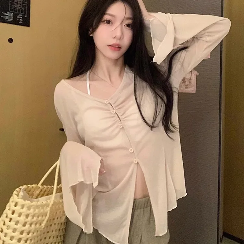 Sheer Flare Sleeve Blouse - Y2 - Embroidery Shirt บทวิจารณ์และราคา