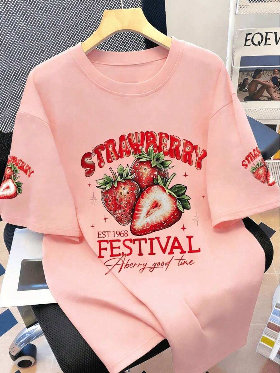 Strawberry Print Round Neck Sh - Embroidery Shirt บทวิจารณ์และราคา