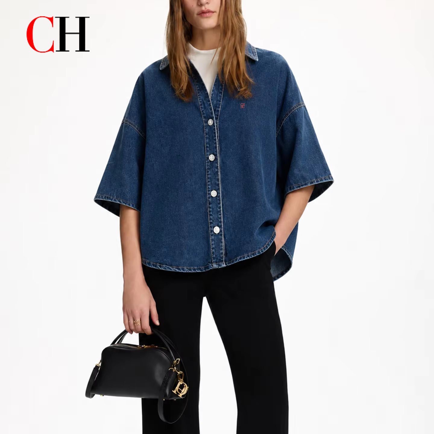 CH Letter Embroidered Solid Co - Embroidery Shirt บทวิจารณ์และราคา