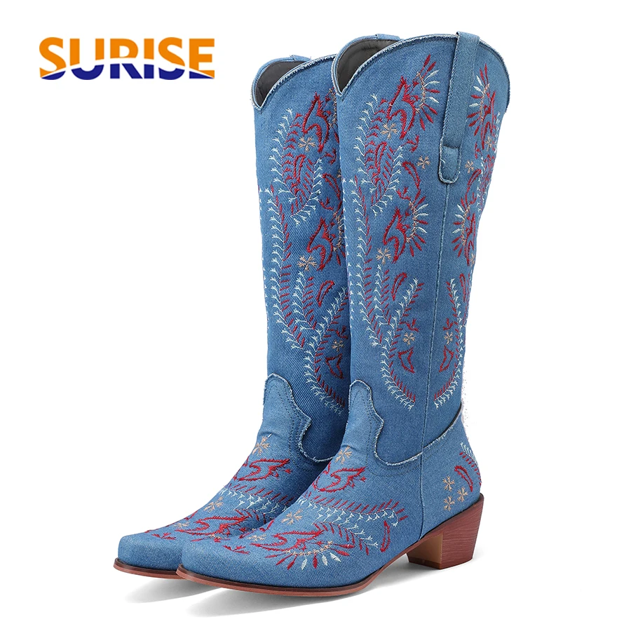 Blue Denim Western Cowgirl Kne - Embroidery Flower บทวิจารณ์และราคา