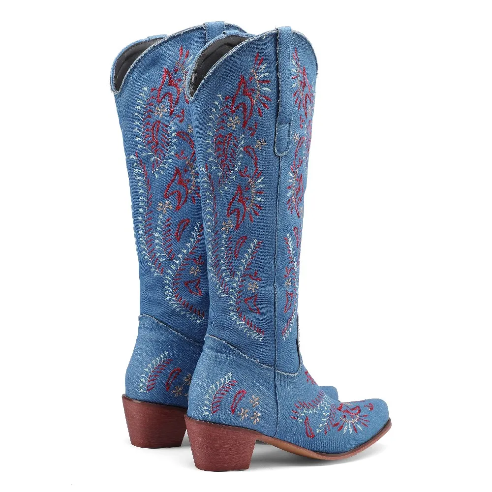 Blue Denim Western Cowgirl Kne - Embroidery Flower บทวิจารณ์และราคา