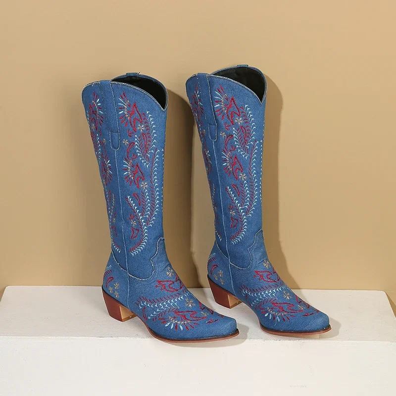 Blue Denim Western Cowgirl Kne - Embroidery Flower บทวิจารณ์และราคา