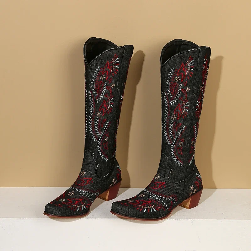 Blue Denim Western Cowgirl Kne - Embroidery Flower บทวิจารณ์และราคา